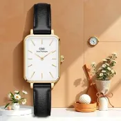 【Daniel Wellington】DW 女錶-20x26mm Quadro Pressed Sheffield 方形典雅-金框x黑皮帶(DW00100559)