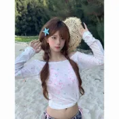 【🎯 在臺出貨 🔥】罩衫防曬衣服女夏季辣妹泳衣罩衫寬鬆防紫外線冰絲薄款長袖t恤上衣 泳裝罩衫 泳衣罩衫 可下水罩衫