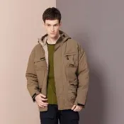 【JEEP】男裝 多口袋機能連帽鋪棉外套(卡其色)