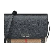 【BURBERRY 巴寶莉】BURBERRY HAMPSHIRE燙金LOGO防刮牛皮拼接復古格紋帆布磁扣式斜背包(黑x典藏米)