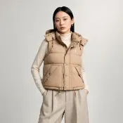 【RALPH LAUREN】RL POLO 經典刺繡小馬可卸式連帽羽絨背心-女-卡其色(平輸品)