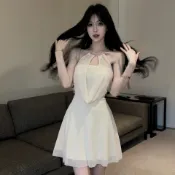 優雅甜美短款網紗大擺連身裙 度假風海邊沙灘洋裝女
