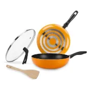 【CookPower 鍋寶】金鑽不沾鍋雙鍋四件組-28CM-活力橘(28CM炒鍋+28CM平底鍋+蓋+木鏟)