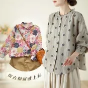 【ACheter】棉麻感復古國風原創田園波點雨露長袖襯衫做舊木耳領短版上衣#124365(6款任選)
