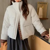 【若初】拼接格子長袖翻領拉鍊排釦保暖加厚科技羽絨棉外套女外套-共5色-17061(M-XL可選)