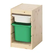 【IKEA 宜家家居】TROFAST 收納組合附收納盒, 染白松木 白色/亮綠色, 32x44x53 公分