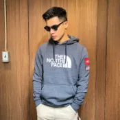 美國百分百【全新真品】The North Face 北臉 連帽 長袖T恤 帽T TNF 國旗徽章 藍灰色 S號 BB49