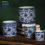 美雅閣家居 景德鎮青花瓷纏枝蓮陶瓷器花盆仿古青花瓷花瓶花插陶瓷花盆筆洗myg8261