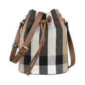 BURBERRY 皮革金字LOGO格紋棉織布拼牛皮束口式肩背斜背水桶包(小/灰x棕)