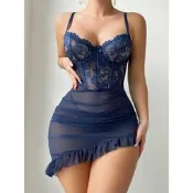 EFP大美人-2024新品♥外貿性感純慾荷葉邊情趣內衣蕾絲透視誘惑睡裙丁字褲兩件套~藍色S-XL