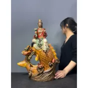 阿一藝品 早期廣東石灣陶【鰲魚觀音】龍魚觀音名師手製有落款值得收藏居家裝飾石灣陶擺件Y37