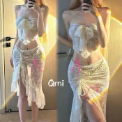 台灣現貨！Qmi 純欲性感抹胸蕾絲魚尾裙式分體三件套顯瘦絕美泳裝