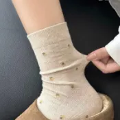 柳惠珠襪子 米色襪子女中筒襪夏季薄款純棉日系復古碎花長襪勃肯鞋堆堆襪春秋