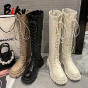 韓系 感謝bobeyiyi實拍 可鹹可甜百搭軟皮革綁帶後拉鍊粗跟長靴 綁帶馬丁靴 軍靴-BIKU/B酷