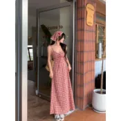 🌷台灣出貨🌷FG穿搭社 法式紅色格子連衣裙吊帶裙頭巾夏季度假新款露背氣質收腰顯瘦長裙 洋裝 長裙 套裝女 兩件套