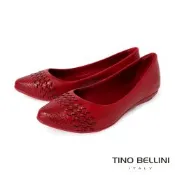 【TINO BELLINI 貝里尼】巴西進口 真皮編織 尖頭 平底鞋 FWBT041-2(紅色)