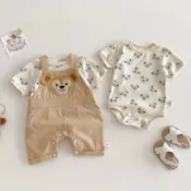 夏季嬰幼兒卡通滿印達菲包屁衣上衣吊帶褲套裝