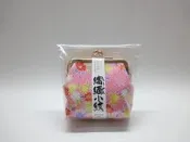 日本製~古代友禪 縮緬小紋~粉紅色百花金蔥財布((櫻花 金色雙珠扣式零錢包))手拿包化妝包鑰匙包印章包