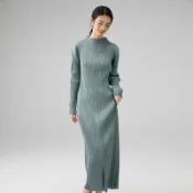 三宅一生洋裝 三宅一生衣服 三宅褶皺專櫃品質2025春季新款高級感半高領修身長袖連衣裙優雅氣質長裙女