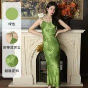 大玩家專營店 新中式連衣裙醋酸提花修身長裙45度立體斜裁包容性百搭吊帶魚尾裙