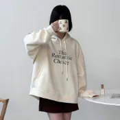 (店+)【FEE BABY】Romantic英文字母印花寬鬆連帽大學T帽T 棉帽t 長袖圓領衛衣 連帽衛衣 長袖上衣 秋冬 奶杏色 灰杏色 灰卡色 花灰色 黑色