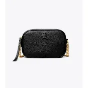 【TORY BURCH】專櫃經典款 McGraw 防刮荔枝紋皮革相機包肩背包斜背包(黑色logo金色金屬)