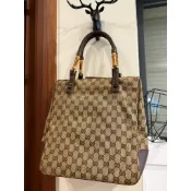 【GUCCI正品/Vintage老物】GUCCI雙G緹花織布手提托特包（經典手工火烤竹節把/原廠真皮皮標/雙排防偽序號）