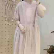 2026春裝《甜甜女孩》日系夏季苧麻寬松風琴褶蕾絲拼接大裙擺連衣裙甜美溫柔長裙/5月上新！