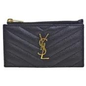 YSL 經典金色Y字金屬LOGO小牛皮拉鍊卡片/零錢包(黑)