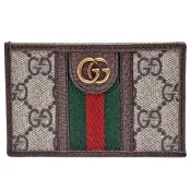 【GUCCI 古馳】GUCCI 經典Ophidia系列帆布綠紅綠織帶皮革飾邊萬用卡片夾(烏木色597617-96IWT-8745)