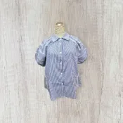 *♡*正韓COCRE/藍白直條紋/棉蕾絲拼接澎袖襯衫/近全新/二手《Anna的百寶箱》G2