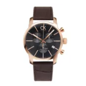 Calvin Klein City系列 黑面玫瑰金框 三眼計時腕錶 壓紋皮革錶帶 44mm 手錶 K2G276G3