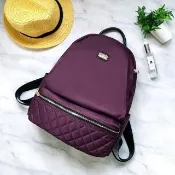 【BAGGLY&CO】大容量多隔層菱格紋真皮尼龍防盜後背包(真皮包包 貴人紫 真皮後背包 輕量尼 