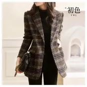 【初色】英倫風格紋毛呢正肩西裝外套女外套-褐色-38633(M-2XL可選)