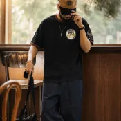 Wuluwear 夏季新款重磅復古無領TEE男士阿美咔嘰空軍拼色螺紋短袖T恤
