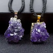天然紫水晶簇項鍊吊墜 晶芽晶簇原石項鍊原礦包金銀邊 補火 頸鏈飾品 日常百搭 家居擺件 辦公室桌面擺設 項鍊飾品