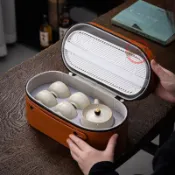 茶具 旅行茶具 旅行茶具組 功夫茶具 戶外泡茶 快客杯 米黃汝窯旅行套裝快客杯壺一壺四杯收納袋茶盤輕奢功夫茶具便攜包