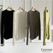 (店+)【Cavensi】會呼吸的面膜T💛圓領透膚上衣 涼感透膚長袖 圓弧下擺 防曬罩衫 寬鬆上衣 大尺碼上衣 長袖素T 37T