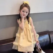 💘萌童坊💘女童無袖連衣裙2026夏季新款兒童網紗拼接背心裙小女孩棉布公主裙女童可愛洋裝 女童小清新連衣裙 田園風