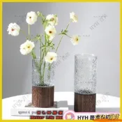 CXH【免運】創意花瓶 木托玻璃花瓶 含木座25公分 直筒花瓶 水養鮮花 插花裝飾 66