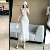 禦姐氣質細閃亮片白色蕾絲半身裙秋季顯高顯瘦高腰修身包臀魚尾裙