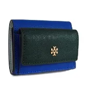 【TORY BURCH】防刮皮革三折壓扣式短夾(藍綠色)