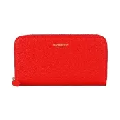 【BURBERRY 巴寶莉】BURBERRY 金箔燙字LOGO小牛皮內搭棉織布12卡全拉鍊長夾(亮紅)