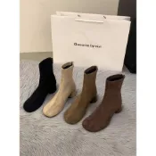 短靴 馬丁靴 中筒靴 短靴女 真皮短靴 厚底短靴 高跟復古絨面瘦瘦短靴女2025新款秋季棕色短筒百搭馬丁靴小踝靴子