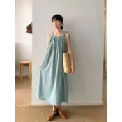 𝑲𝑨𝑶𝑺 現貨藍綠色韓系小眾後背開叉放射壓褶無袖長洋裝|百搭 顯瘦 遮肉 A字傘擺 竹節棉麻 連身裙 隱形口袋