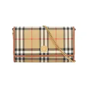 【康是美官方網購】BURBERRY 經典格紋皮夾式手拿包/鍊包WOC(米色/石楠木棕)