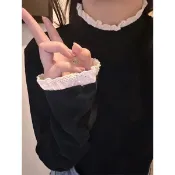 優質~韓版半高領磨毛加厚打底衫女秋冬新款修身顯瘦蕾絲花邊長袖T恤ins