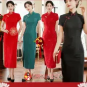 復古純色蕾絲長旗袍 時尚改良式修身版型 四季皆宜 中國風優雅顯瘦短袖長款洋裝-迷思(四色)-水水女人國