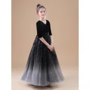 2023秋季新款女童黑色漸變鋼琴禮服演奏服公主裙兒童主持走秀蓬蓬紗五分袖表演服