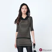 KeyWear奇威名品    羊毛100%經典條紋假兩件七分袖針織上衣-卡其色